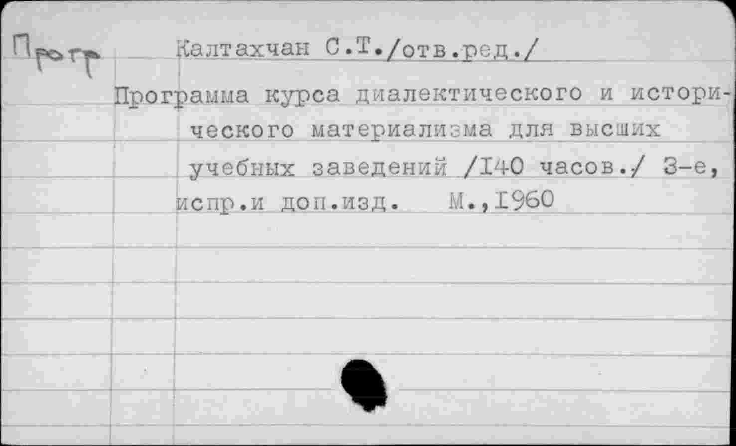 ﻿Калтахчан С.Т./отв.ред./
Программа курса диалектического и истори-. ческого материализма для высших учебных заведений ./140 часов./ 3-е, испр.и доп.изд. М.,1960